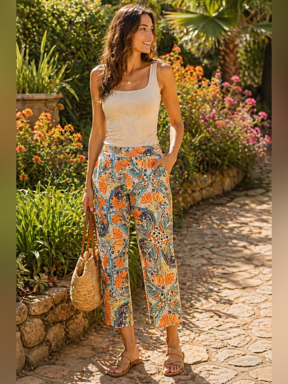 Chico’s Floral Pants Sz 1.5 (10–12) Boho Cropped Straight Leg Orange Blue